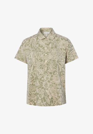 Beiges Kurzarmhemd mit hellem Blumenmuster, spitzem Kragen und Knopfleiste vorne.