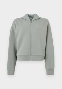 Ανοιχτό γκρι φούτερ με φερμουάρ, κατασκευασμένο από λείο ύφασμα, με εμπρόσθιο φερμουάρ, κουκούλα και ριμπ μανσέτες. Λογότυπο "Calvin Klein" κεντημένο στο στήθος.