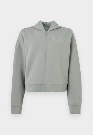 Sudadera con capucha gris claro, de tela lisa, con cremallera frontal, capucha y puños acanalados. Logotipo de "Calvin Klein" bordado en el pecho.
