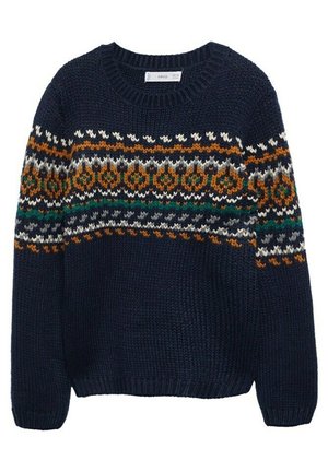 Pull en tricot bleu marine avec col rond. Présente des motifs géométriques multicolores en orange, vert, blanc et gris sur la poitrine et les manches.