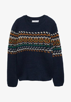 Mørkeblå strikket sweater med rund halsudskæring. Har flerfarvede geometriske mønstre i orange, grøn, hvid og grå på bryst og ærmer.