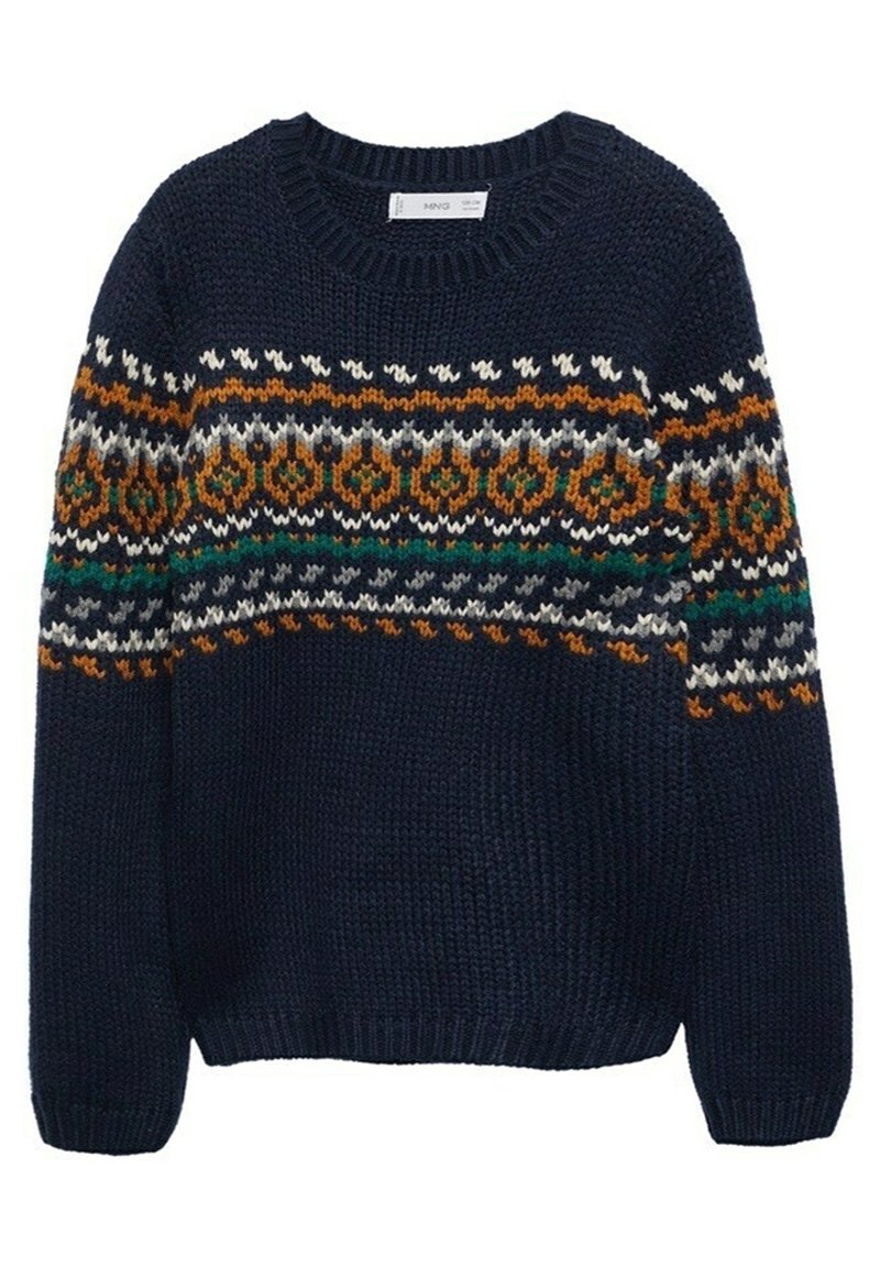 Pull en tricot bleu marine avec col rond. Présente des motifs géométriques multicolores en orange, vert, blanc et gris sur la poitrine et les manches.