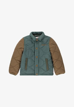 Geplüschte Jacke in Teal und Braun, mit einem gesteppten Design, Druckknöpfen, spitzem Kragen und Seitentaschen. Besticktes Logo auf der Brust.