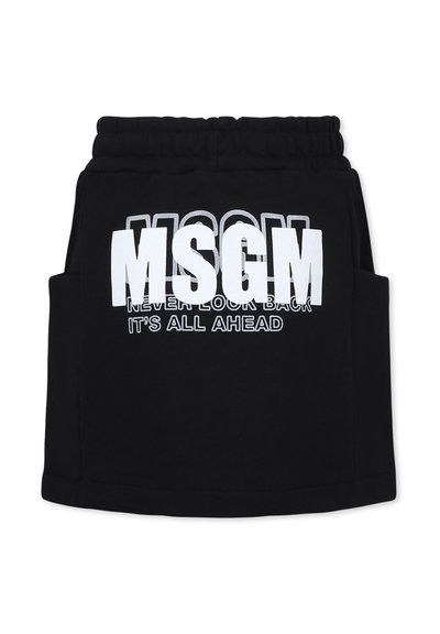 Gonna di cotone nera con vita elastica, caratterizzata dal bold logo bianco "MSGM" e dalla scritta "NON GUARDARE MAI INDIETRO, È TUTTO DAVANTI", due tasche laterali.