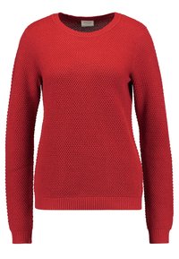 Pull rouge en maille avec encolure ronde, motif texturé, manches longues, poignets et ourlet côtelés.
