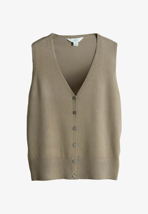 Beige ilmanhiha vest, V-aukolla, edessä kuusi harmaata nappia, ribbaava helma ja sileä pinta. Suunniteltu pehmeästä neulomateriaalista.