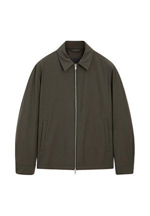 Mörk olivgrön zip-up jacka med krage, långa ärmar och två sidfickor, uppvisad mot en vit bakgrund.