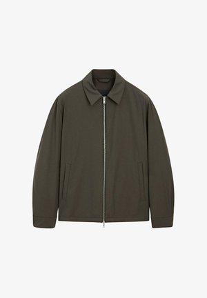 Dark olive green zip-up jacket with collar, long sleeves, and two side pockets, displayed against a white background.