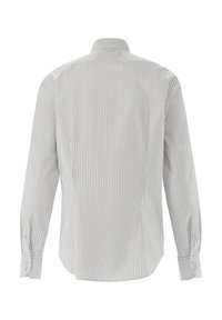 Weiß-blau gestreiftes Langarmhemd mit Button-down-Kragen. Verfügt über Knöpfe an den Manschetten und einen leicht abgerundeten Saum. Glatter, gewebter Stoff.