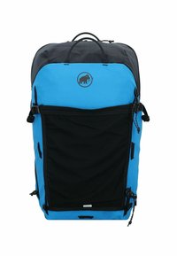 Zaino con un corpo blu, parte superiore nera e tasca frontale. Realizzato in tessuto resistente, include spallacci regolabili e una maniglia superiore.