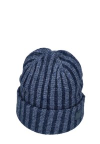 Blue and dark blue vertically striped knitted beanie with folded cuff and small rectangular logo patch.