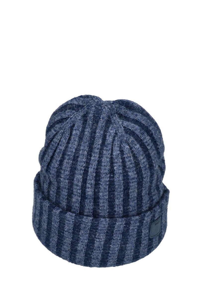 Blue and dark blue vertically striped knitted beanie with folded cuff and small rectangular logo patch.
