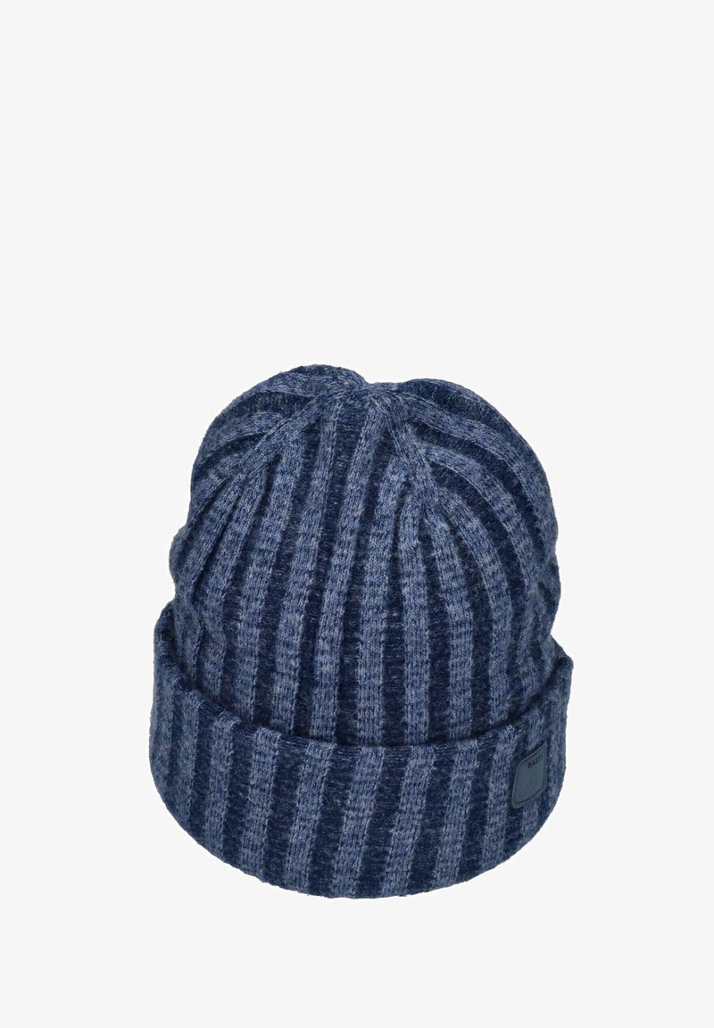 Blue and dark blue vertically striped knitted beanie with folded cuff and small rectangular logo patch.