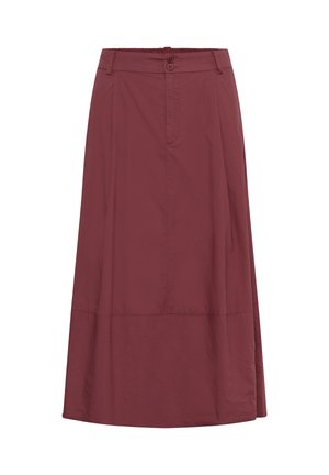 Sukňa strednej dĺžky áčkového strihu v hlbokej burgundskej farbe s pásom, pútkami na opasok, predným zapínaním na gombíky a jemným švom pri spodnom okraji.