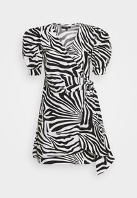 Vestido envolvente a rayas blancas y negras con mangas abullonadas, escote en V y detalle de fruncido en la cintura, que presenta un cierre con lazo.