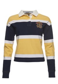 Polo a maniche lunghe con strisce orizzontali blu navy, bianche e gialle. Design con colletto e logo ricamato sul petto. Materiale in cotone.