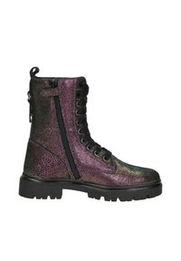 Veterschoenen met een zwarte textuur en een metallic paars-groen verloop. Met een rits aan de zijkant en een robuuste zwarte zool.
