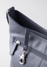 Navy leather handbag with textured surface, zippered compartments, silver hardware, and a detachable strap.