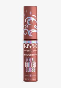 Tubetto di NYX Bridgerton Royal Butter Gloss; colore rosa metallico con accenti iridescenti e svolazzi decorativi; capacità di 8 mL.