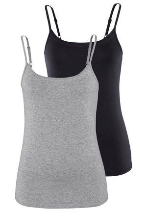 Zwei verstellbare Spaghettiträgertops in Grau und Schwarz. Der Stoff ist aus weicher Baumwolle mit einer glatten Textur und einem enganliegenden Design.
