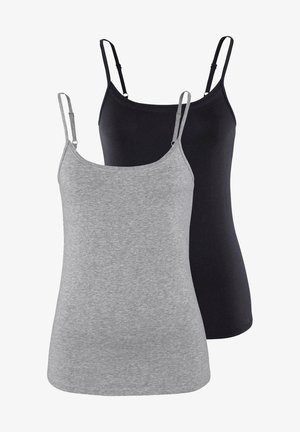 Twee verstelbare spaghetti-topjes in grijs en zwart. De stof is zachte katoen met een gladde textuur en een aansluitend ontwerp.