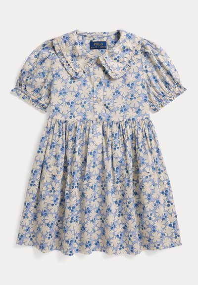 Barnas kortermede kjole med blå og hvit blomsterprint, Peter Pan-krage med volangkant og knappedetalj foran.