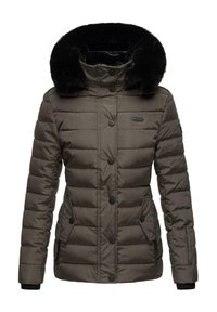 Padded jacket in olive green with black faux fur hood. Features button closure, two side pockets, and ribbed cuffs for warmth.