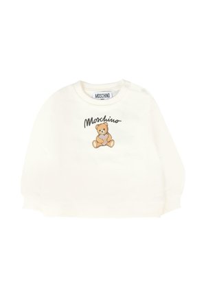 Pull blanc à manches longues, orné d'un graphique d'ours et du texte "Moschino" en noir. Tissu doux, encolure ronde avec boutons-pression.