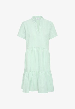 Kurzarmkleid in hellgrün und weißen Streifen, mit einem Kragenhals und einem gestuften Rock, in lockerer Passform. Hergestellt aus leichtem Stoff.