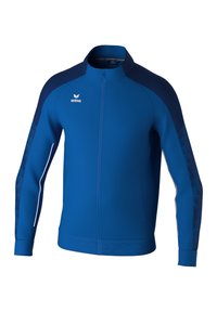 Blaue Sportjacke mit hohem Kragen, durchgehendem Reißverschluss, kontrastierenden dunkelblauen Ärmeln, strukturierten Seitenteilakzenten und Fronttaschen.
