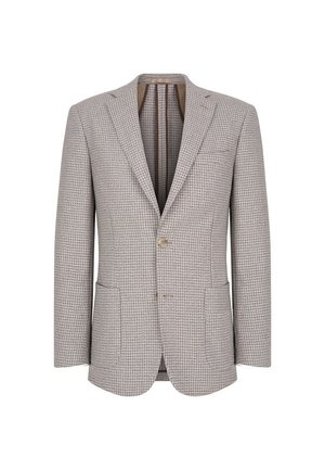 Jasnoszara marynarka w kratę hounds-tooth wykonana z teksturowanej tkaniny. Posiada wyłogi w kształcie litery notch, zapięcie na jeden guzik oraz dwie przednie kieszenie.