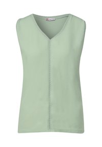 Top sans manches vert menthe avec un décolleté en V, texture lisse et détails de couture subtils sur le devant. Fabriqué en tissu léger.