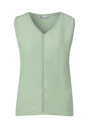 Mintově zelený bezrukávový top s výstřihem do V, hladkou texturou a jemným prošíváním na přední straně. Vyroben z lehké tkaniny.