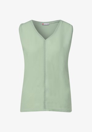 Top sin mangas de color verde menta con escote en V, textura suave y sutil detalle de costura en la parte delantera. Hecho de una tela ligera.