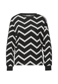 Czarny i biały sweter w wzór zygzakowy z długimi rękawami, okrągłym dekoltem i ściągaczami, wykonany z miękkiego, teksturowanego materiału.