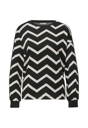 Sudadera de patrón de zigzag en blanco y negro con mangas largas, cuello redondo y puños acanalados, hecha de una suave tela texturizada.