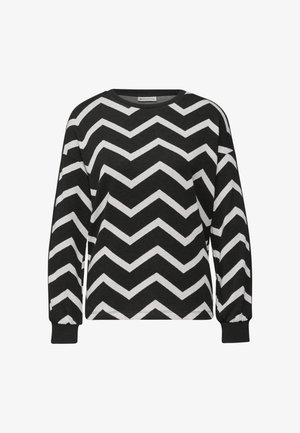 Sweatshirt im Schwarz-Weiß-Zickzackmuster mit langen Ärmeln, Rundhalsausschnitt und gerippten Bündchen, aus einem weichen, strukturierten Stoff gefertigt.