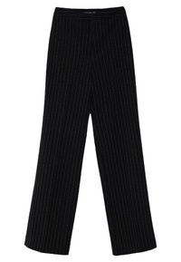 Zwarte wijde broek met witte streepjes, gemaakt van een soepele stof met een op maat gemaakte tailleband en zonder zichtbare sluitingen.