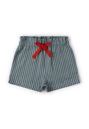 Children's blue and white vertical striped shorts with an elastic waistband and a red tied bow at the front center.