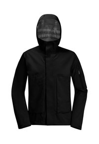 Zwarte waterdichte jas met een capuchon, een rits-voorvak en twee voorzakken. Soepele textuur met een slank, minimalistisch ontwerp.