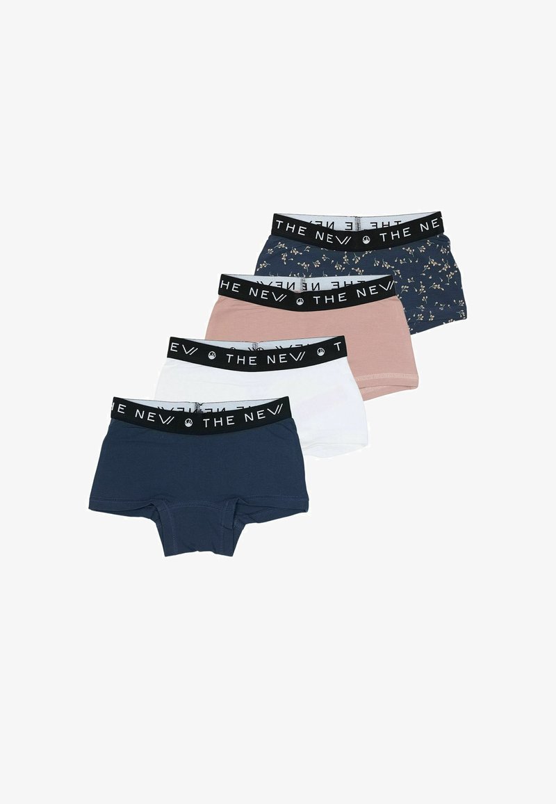 Vier Paare Damenboxershorts in Marineblau, Weiß, Pink und mit Blumenmuster. Alle verfügen über einen schwarzen elastischen Bund mit dem Branding "THE NEW".