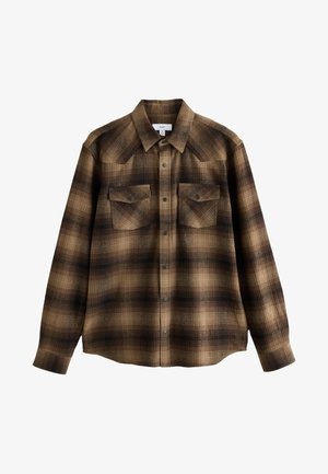 Brown and black plaid button-up shirt with long sleeves and two chest flap pockets, laid flat against a white background.