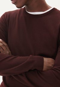Bordeauxfärgad stickad tröja med rund hals i mjuk kvalitet, med ribbade mudd och nederkant, som har en diskret design och en slät yta.