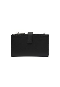 Black bifold wallet with a textured finish, featuring a zip closure and a front tab. Minimalist design with no visible logos or patterns.