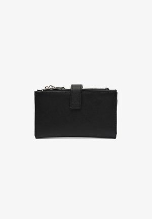 Black bifold wallet with a textured finish, featuring a zip closure and a front tab. Minimalist design with no visible logos or patterns.