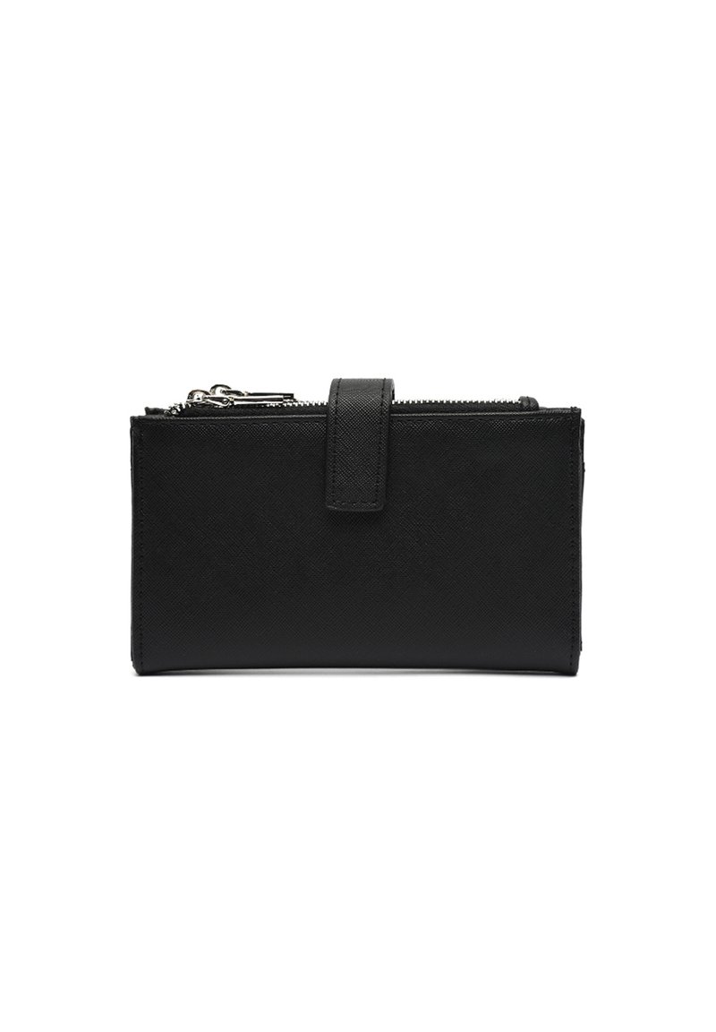 Black bifold wallet with a textured finish, featuring a zip closure and a front tab. Minimalist design with no visible logos or patterns.