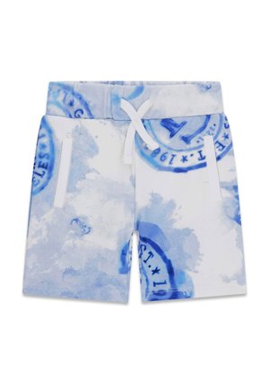 Hellblaue und weiße Batik-Shorts mit elastischem Bund, weißem Kordelzug und zwei vorderen, vertikalen Einschubtaschen.