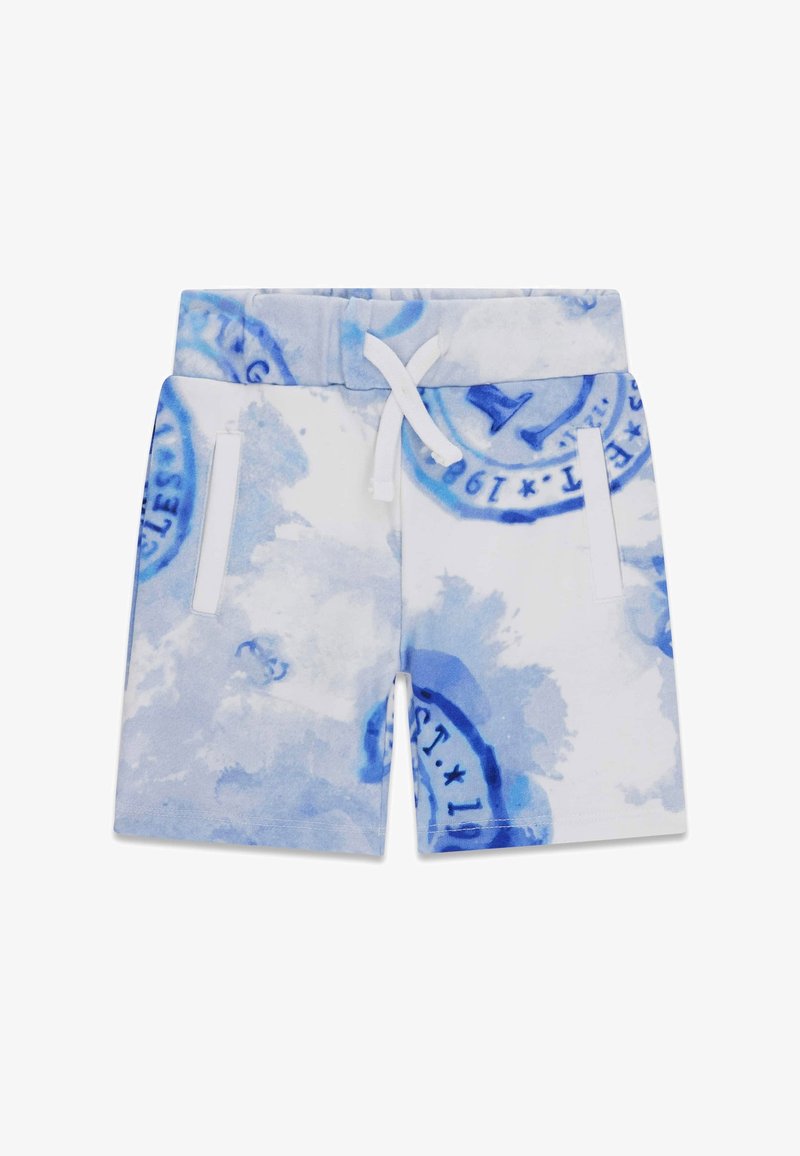 Shorts tie-dye bleu clair et blanc avec une taille élastique, un cordon blanc et deux poches fendues verticales à l'avant.