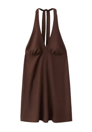 Vestido marrón con cuello halter y escote pronunciado en V, con cierre de lazo en la parte trasera, con busto ajustado y falda suelta.