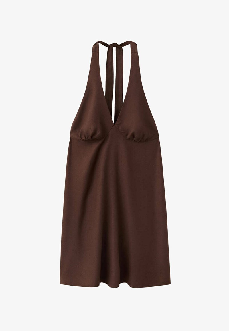 Robe marron à col halter avec un profond décolleté en V et fermeture à nouer dans le dos, dotée d'un buste ajusté et d'une jupe ample.